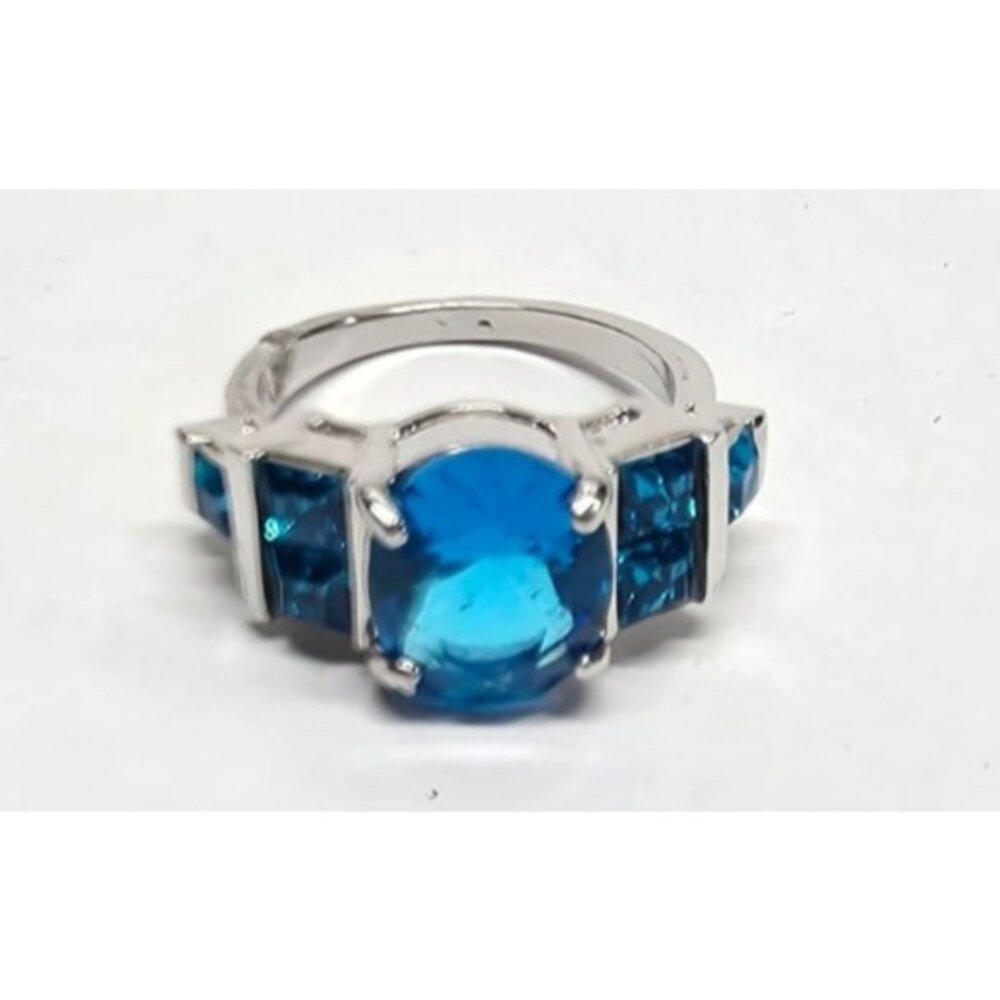 New Blue Gemstones SilverTone Ring Plus Size 9 Oval Square Cut 7 Stone BLEM Insd